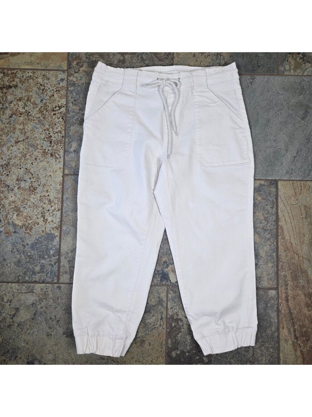 Ashley Stewart Size 12 White Cotton Blend Cropped Pants Elastic Waist & Cuff NWT